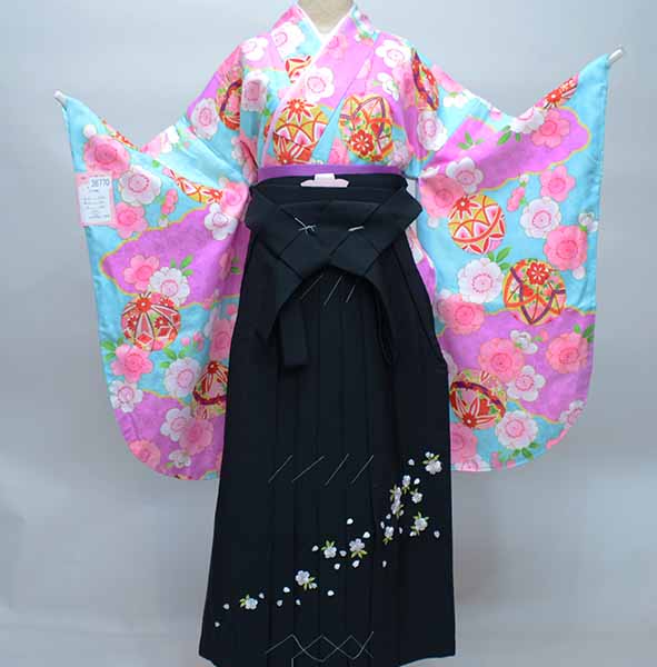 二尺袖 着物 袴フルセット ジュニア用へ直し 135cm～150cm 百花斉放 水色 袴変更可能 卒業式 新品（株）安田屋 NO36770