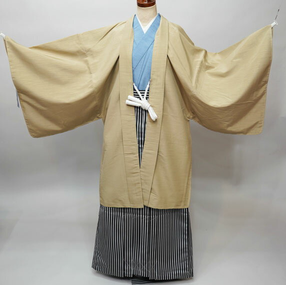 羽織 袴セット 男性用 Lサイズ 適合身長171-180cm 半襦袢 角帯 羽織紐付き 紋入れ可 縞袴 グレー系×ベージュ系 新品(株)安田屋 NO34602