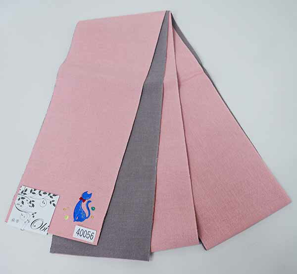 半幅帯 麻帯 浴衣帯 麻100% 本麻 日本製 猫柄刺繍 ピンク色×グレー メール便可 新品（株）安田屋 NO40056