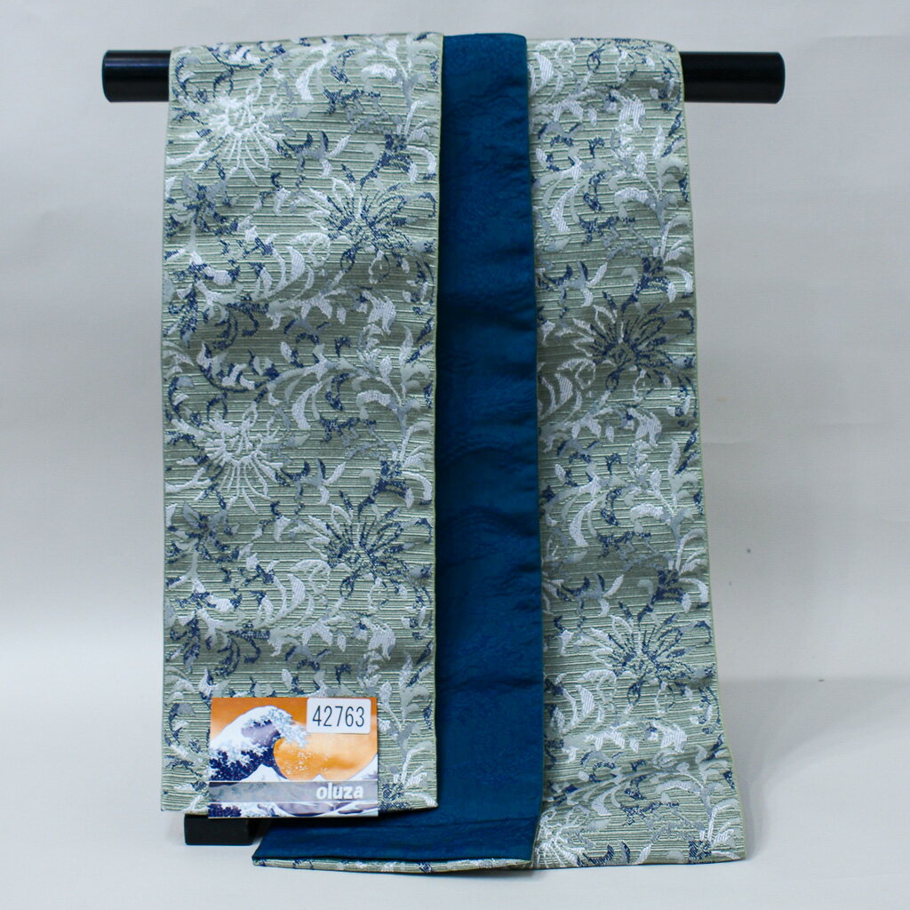 半幅帯 長尺約4.4m 浴衣帯 細帯 日本製 ポリエステル100％ 袷 くすみグリーン×紺色 リバーシブル メール便可 新品（株）安田屋 NO42763