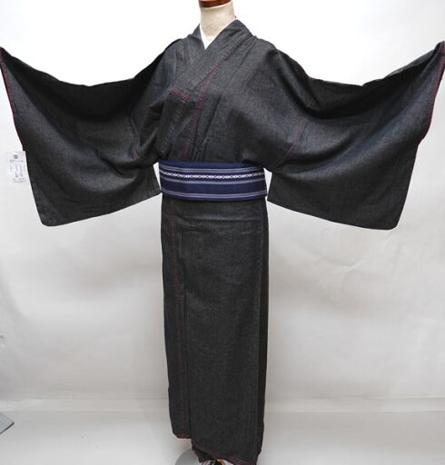 着物 単品 デニム生地 男性用 カジュアル着物 Mサイズ M・Deen 黒 ステッチの色は赤 新品(株)安田屋 NO200804