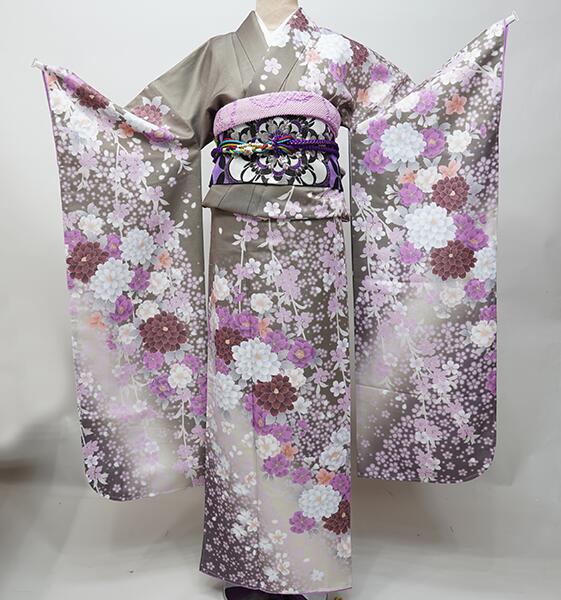 振袖 着物 単品 合繊 仕立て上がり HL アッシュエル 絵羽柄 茶系 ダスティーカラー 成人式 結納 結婚式 新品（株）安田屋 NO42489