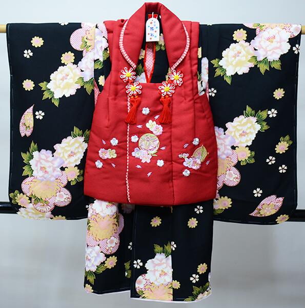 七五三 三歳 女児 被布着物フルセット 夢想 合繊 被布に刺繍 赤×黒 祝着 三才 3才 3歳 女の子 お仕立て無料 新品(株)安田屋 NO39783