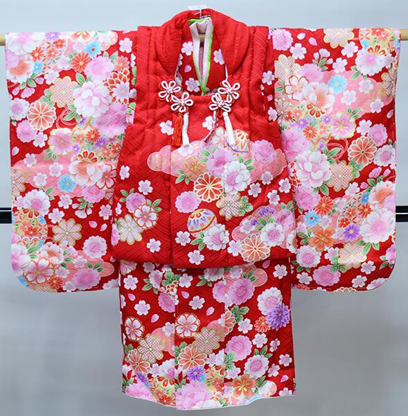 七五三 三歳 女児 被布着物セット 正絹 夢想 百花繚乱 赤地 3歳 3才 三才 女の子 祝着 お仕立て無料 新品(株)安田屋 NO39803