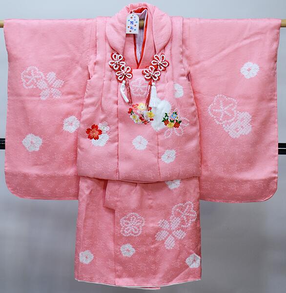 七五三 三歳 女児 被布着物セット 正絹 夢想 絞り 被布に刺繍 ピンク 3歳 3才 三才 女の子 祝着 お仕立て無料 新品(株)安田屋 NO39759