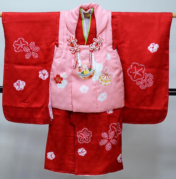 七五三 三歳 女児 被布着物セット 正絹 夢想 絞り 被布に刺繍 赤色×ピンク 3歳 3才 三才 女の子 祝着 お仕立て無料 新品(株)安田屋 NO39764