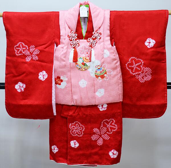 七五三 三歳 女児 被布着物セット 正絹 夢想 絞り 被布に刺繍 赤色×ピンク 3歳 3才 三才 女の子 祝着 お仕立て無料 新品(株)安田屋 NO39779