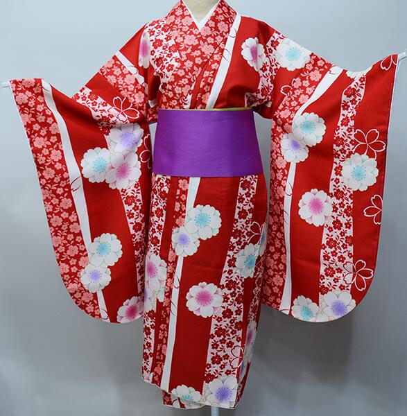 二尺袖着物 単品 仕立て上がり 百花斉放 赤色 着物丈は着付けし易いショート丈 合繊 卒業式 新品(株)安田屋 NO31704-4