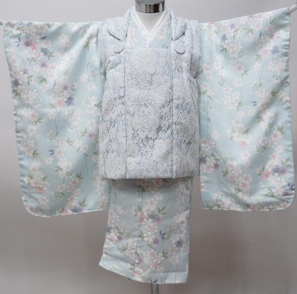 七五三 三歳 女児 被布コート 着物 長襦袢 3点セット 淡い水色 レース 伊達衿縫い付け済 祝着 お仕立て無料 新品(株)安田屋 NO250922-1