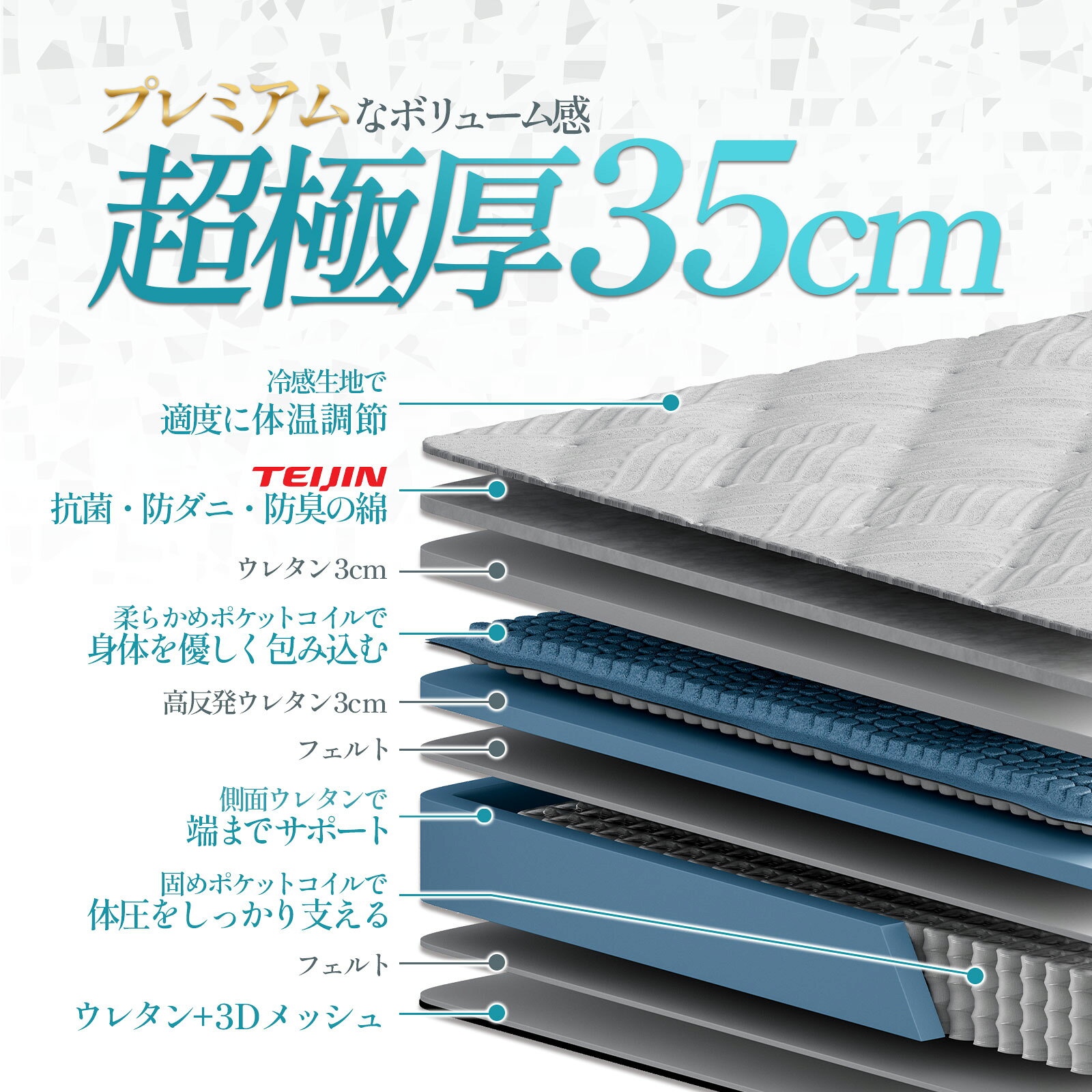 オータムSALE！[48%オフクーポン] マットレス 高級 厚さ35cm ポケットコイル 二層コイル 帝人 抗菌 防ダニ 防臭 ピロートップ ジャンプキルト ウレタン 冷感 通気性 寝返り シングル セミダブル ダブル ホテル 寝具 ベッド 圧縮梱包