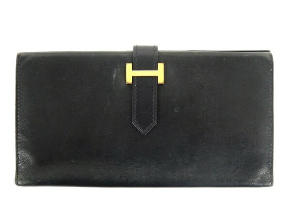 【中古】 HERMES エルメス ベアン レザー 二つ折り 長財布 ボックスカーフ 黒 H金具 ゴールド金具 レディース Y1716033のサムネイル