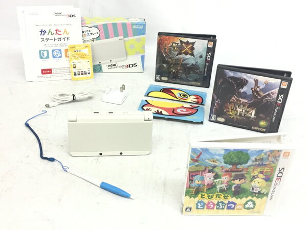 【中古】 Nintendo KTR-001 New ニンテンドー 3DS ホワイト きせかえプレート モンスターハンター 4 / クロス とびだせ どうぶつの森 ソフト 3本セット 任天堂 G8504863