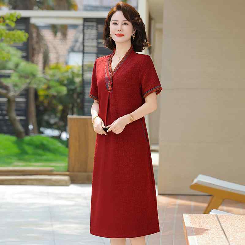 ワンピース レディース ママ用 ゆったり 大きめサイズ 夏 ロング丈 結婚式 パーティー エレガント スリム見え 気品 軽やか フレアシルエット