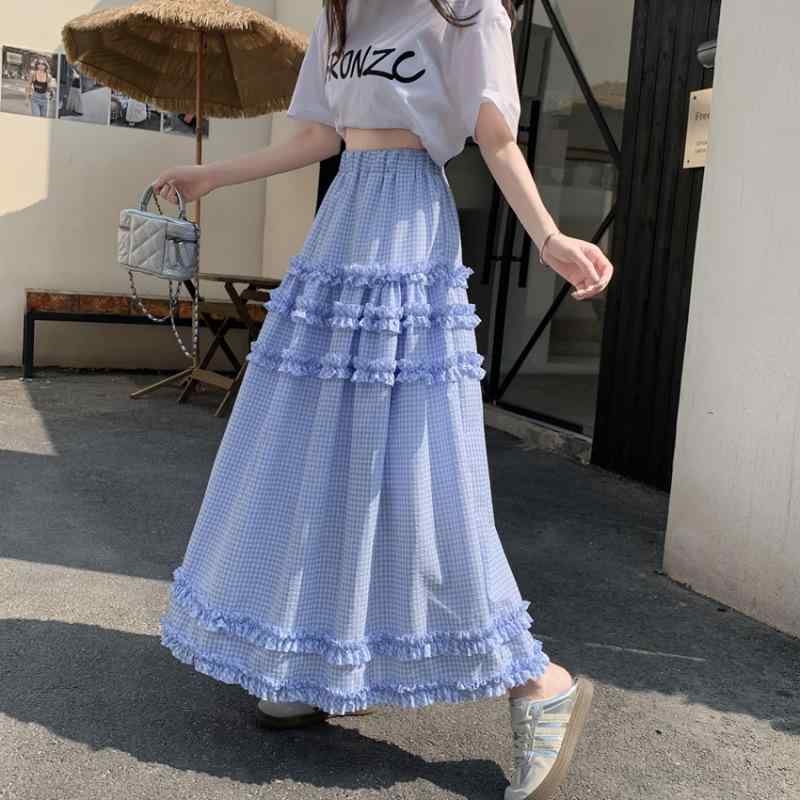 フレアスカート レディース チェック柄 フリル 大きめシルエット ミドル丈 スタイリッシュ