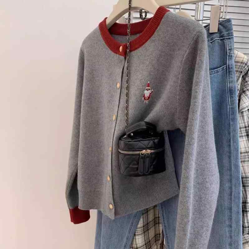 レディース 秋冬 カーディガン サンタクロース 刺繍 ウール クルーネック コントラストカラー フィット 正肩 暖か ニットトップス 柔らかい 着心地