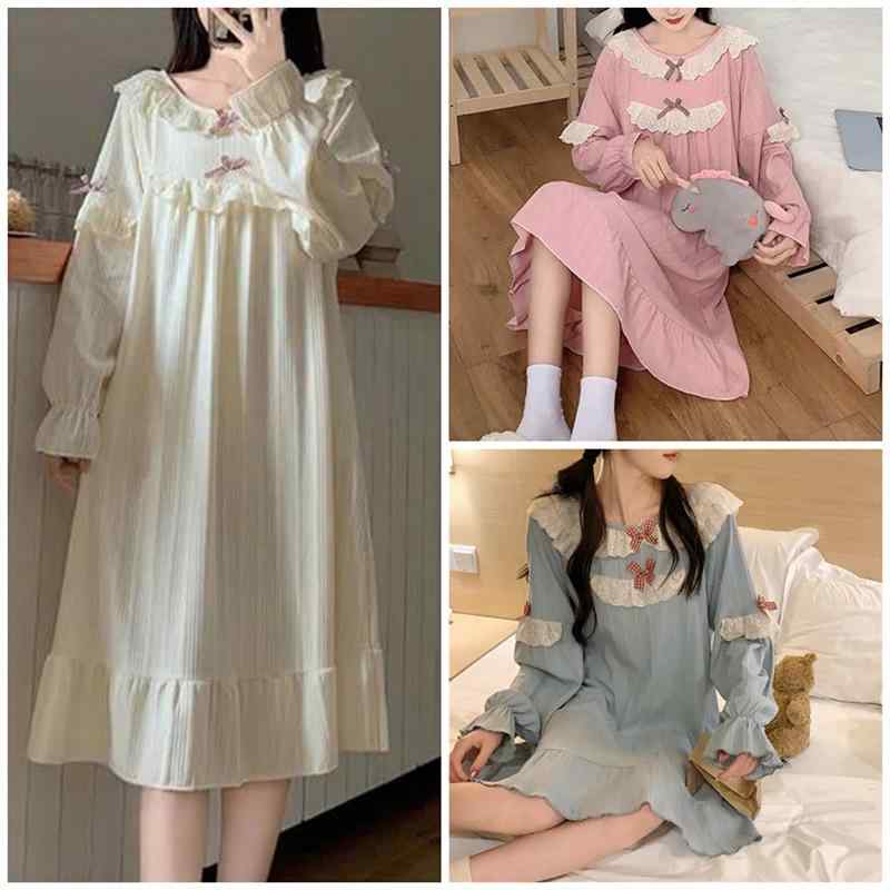 ネグリジェ レディース 長袖 中長丈 蝶結び レース ゆったり 無地 かわいい ルームウェア ホームウェア リラックス スタイル