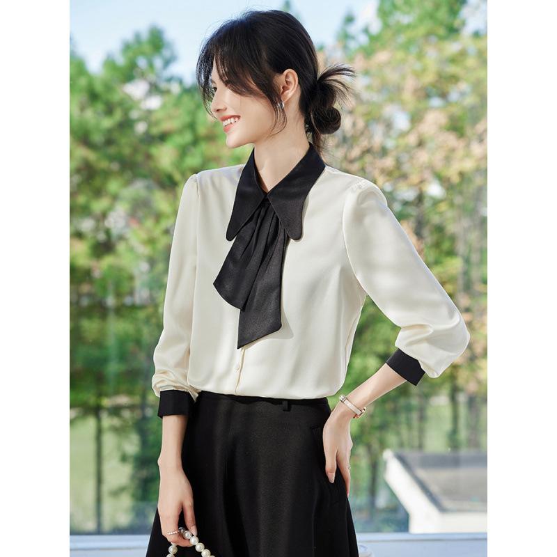 シャツ レディース 春 長袖 サテン 切り替え 蝶結び ブラウス トップス 普段使い 軽量 伸縮性 女性用 上衣