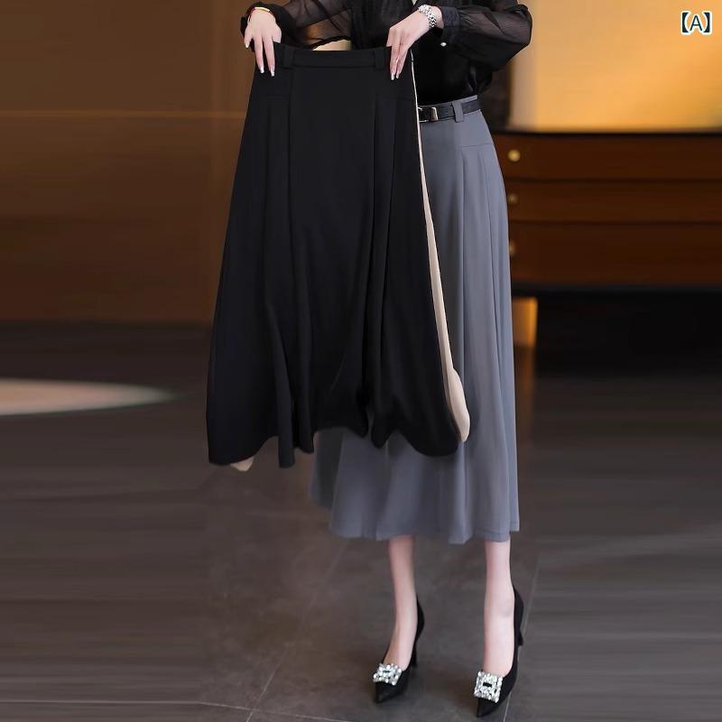 プリーツスカート レディース Aライン 中長丈 膝下丈 垂れ感 スリム 百褶