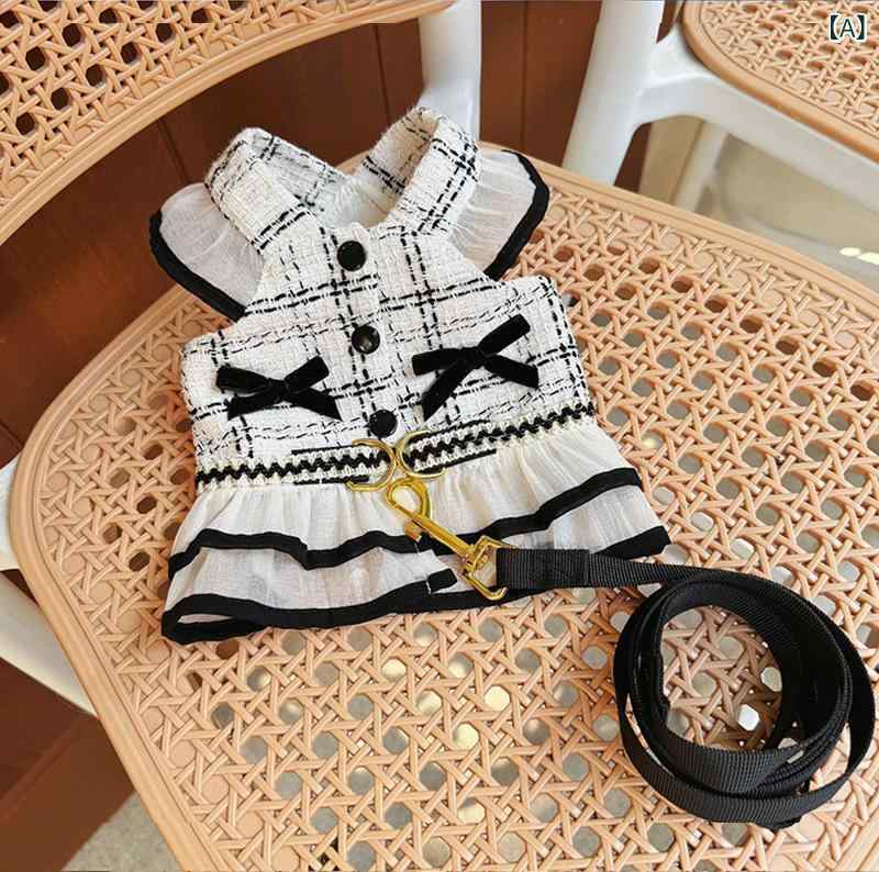 犬用ワンピース 犬猫小型犬 ハーネスリードセット ドッグウェアキャットウェアペット服 スカートリボン格子柄胴輪一体型 華やかかわいいお散歩お出かけ シンプルベーシック定番スタンダードカジュアルナチュラル犬服猫服洋服