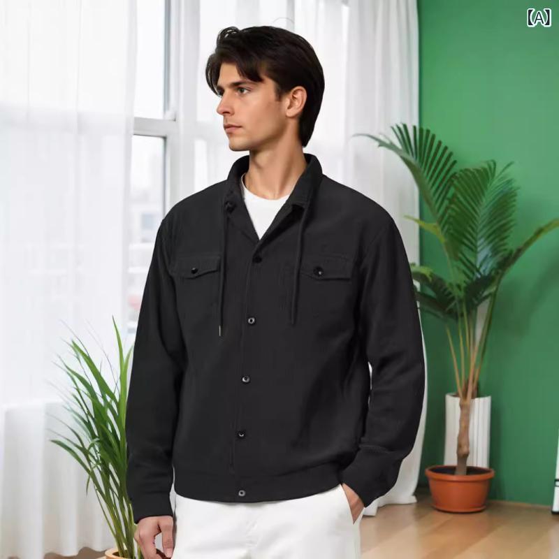 School Uniforms - コーデュロイジャケット メンズ アウター 秋冬 ワークジャケット 襟付き 厚手 アメカジテイスト 多機能ポケット ミリタリー ブルゾン カジュアル 丈夫な生地素材 タウン ビンテージ風 クラシック 普段使い 羽織り ゆったり フィット ス