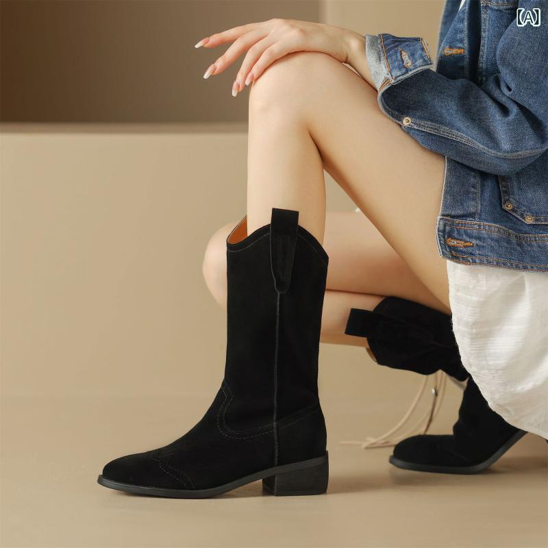 ウエスタンブーツ レディース 太ヒール Vカット チャンキーヒール 脚長効果 スタイルアップ ミドルブーツ カジュアル 春コーデ サイドカット ブーツ ポインテッドトゥ 安定感 疲れにくい 履きやすい 歩きやすい ヴィンテージ風 痛くない 柔らか