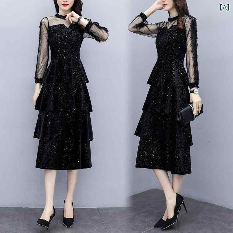 ワンピース レディース ベルベット スパンコール ティアード ティアードスカート Aライン ロング丈 長袖 光沢 華やか エレガント パーティー 結婚式 二次会 演奏会 お呼ばれ フォーマル ドレス 披露宴 春秋冬