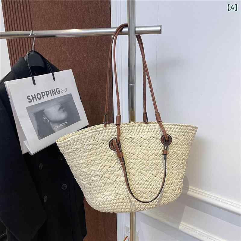 Tote Bag Type - かごバッグ レディース トートバッグ ストローバッグ ハンドバッグ バスケット 大容量 手編み 軽量 海 ビーチバッグ リゾート 旅行 夏 浴衣 カジュアル シンプル ナチュラル 裏地付き 巾着型 肩掛け A4サイズ収納