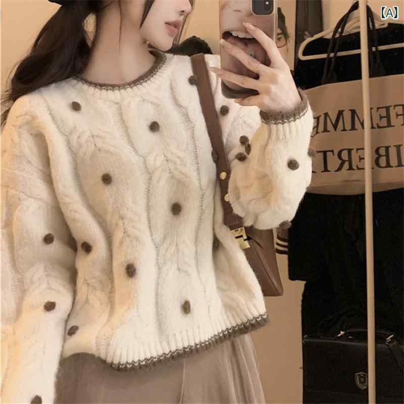 Long-Sleeved Knit - ニット セーター レディース トップス 秋冬 長袖 ショート丈 厚手 バイカラー ゆったり プルオーバー 暖かい カジュアル オフィス 丸首 柔らかい 防寒 重ね着 おしゃれ 無地 配色 ざっくりニット シンプル