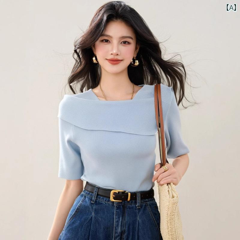 サマーニット レディース 半袖 オフショルダー トップス アシンメトリー 無地 ボートネック カットソー プルオーバー 夏服 ストレッチ シンプル 伸縮性 5分袖 着痩せ 体型カバー 鎖骨見え デイリー カジュアル オフィス 通勤 通学