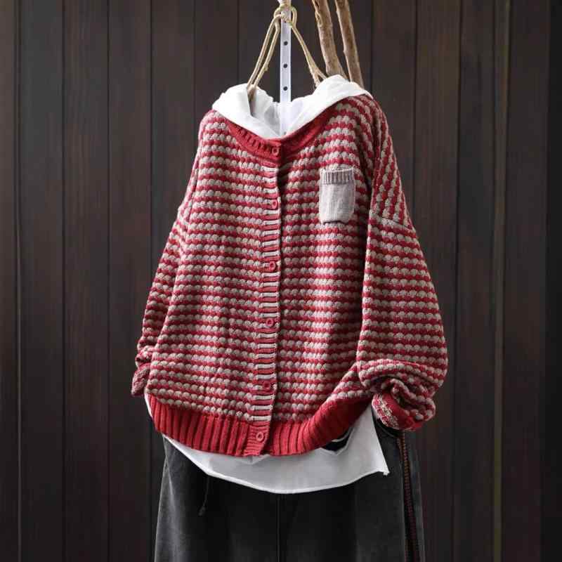 Long-Sleeved Knit - カーディガン レディース ストライプ ニット セーター 長袖 羽織り コットン 綿 トップス 前開き ゆったり カジュアル 秋冬 ポケット付き カラフル マルチカラー レトロ 配色 切り替え ざっくり編み オーバーサイズ ミドル丈