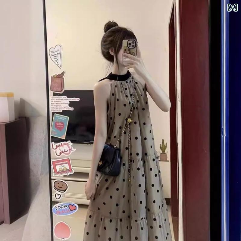 ワンピース レディース ドット柄 ロング丈 ノースリーブ マキシ丈 フレア Aライン 体型カバー おしゃれ リゾート 夏
