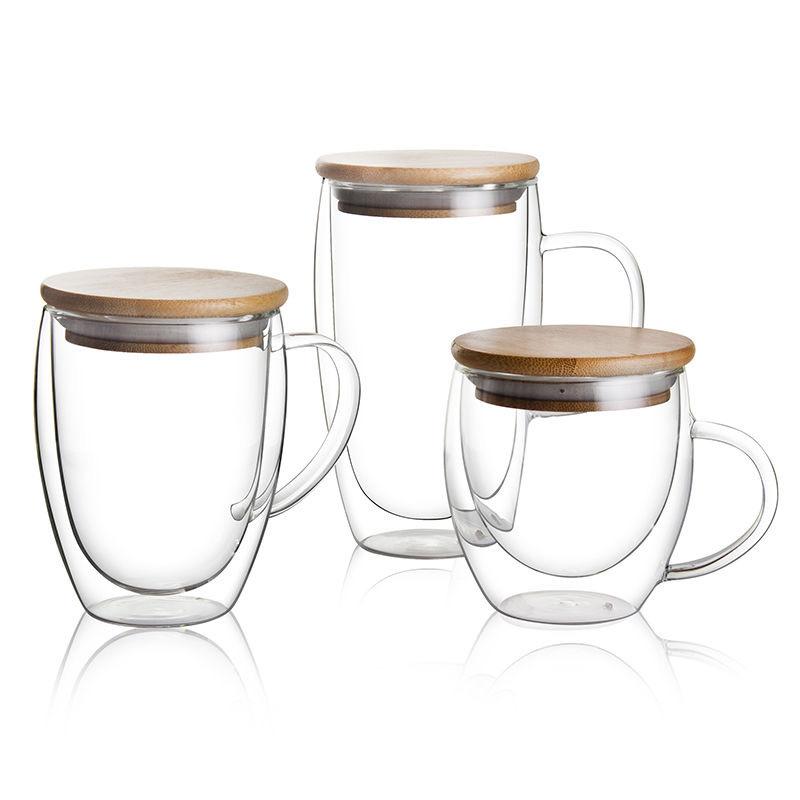 Cups, Cup Bags - グラス コップ 耐熱ガラス 二重構造 蓋付き 透明 ティーカップ コーヒーカップ 大容量 持ち手なし おしゃれ 普段使い オフィス 来客用 プレゼント 飲みやすい