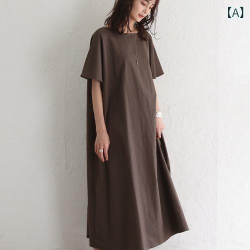 ワンピース レディース 亜麻混 半袖 ミモレ丈 ルームウェア カジュアル ナチュラル ゆったり 体型カバー 通気性 吸湿性 おうち時間 部屋着 リラックス 春夏 秋 リネン風 無地 おしゃれ シンプル
