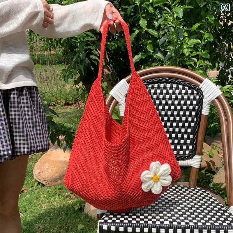 ショルダーバッグ レディース ニットバッグ 編み込みバッグ 大容量 軽量 花柄モチーフ 夏バッグ カジュアル 通勤 通学 ビーチバッグ レジャー お出かけ 旅行 肩掛けバッグ 鞄 デイリー 収納しやすい