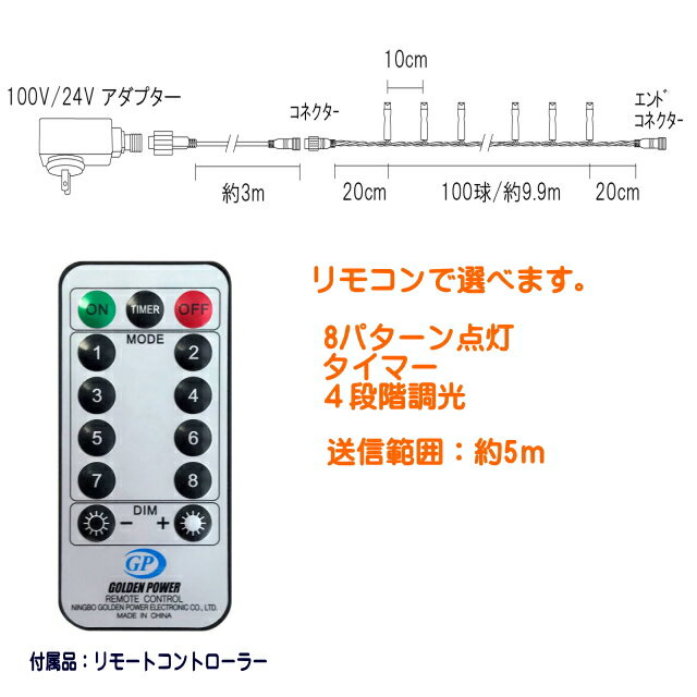 ラスターライト100球　電球色LEDイルミネーションライト/LED電球色/シルバーストレートコード/リモコン操作調光・点滅 2