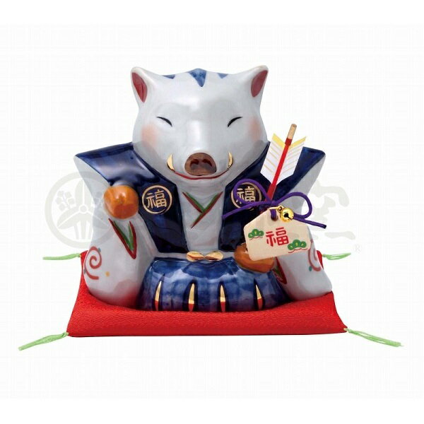 【開運干支置物】陶彩招福亥(開運福招き・破魔矢付）イノシシ（いのしし）年置物