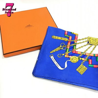 【送料無料】エルメス HERMES カレ90　ハサミ PETITE MAIN お針子さん 大判 スカーフ scarf シルク100％ ブルー 青 マルチ レディース　箱付き