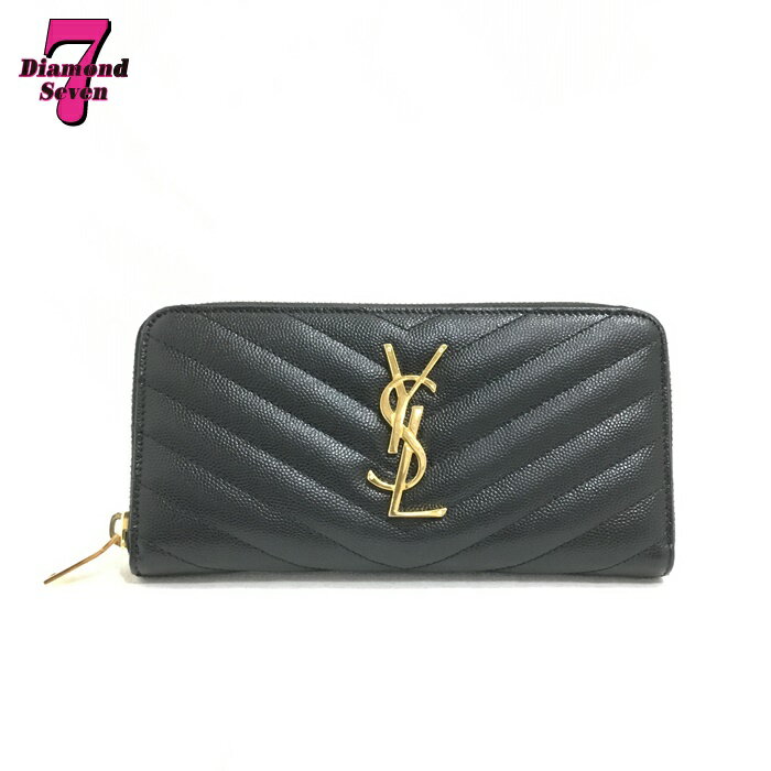 【送料無料】【中古】SAINT LAURENT サンローラン パリ ラウンドファスナー長財布 YSL ロゴ ブラック レディース 財布