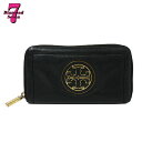 【中古】TORY BURCH トリーバーチ ラウンドファスナー長財布 レザー ブラック ロゴ金具 レディース *k932*