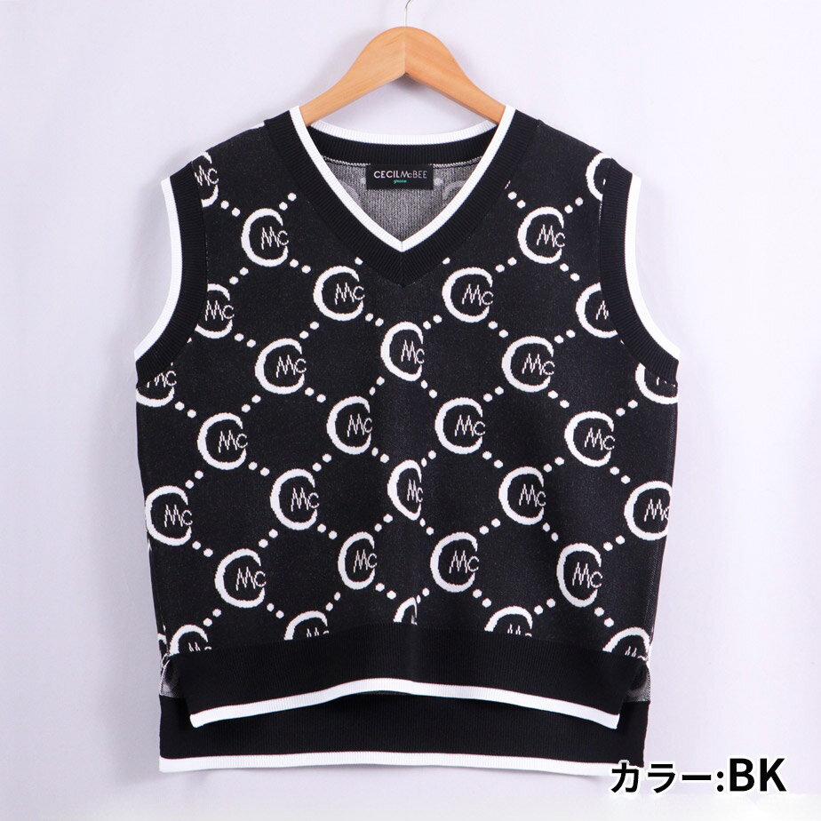 【最短営業日発送】 セシルマクビー グリーン オールオーバー ベスト CGS2325VE トップス Vネック ジャカード 春秋 レディース ゴルフウェア 女性用 かわいい CECIL McBEE green 12時迄のご注文で 即日 当日 発送 あす楽