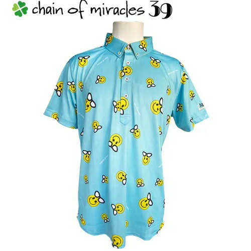 在庫限り 【スーパーセール】 ゴルフ ウェア トップス 半袖 ポロシャツ メンズ ニコちゃん柄 総柄 Chain of miracle39 COM39-22-1...