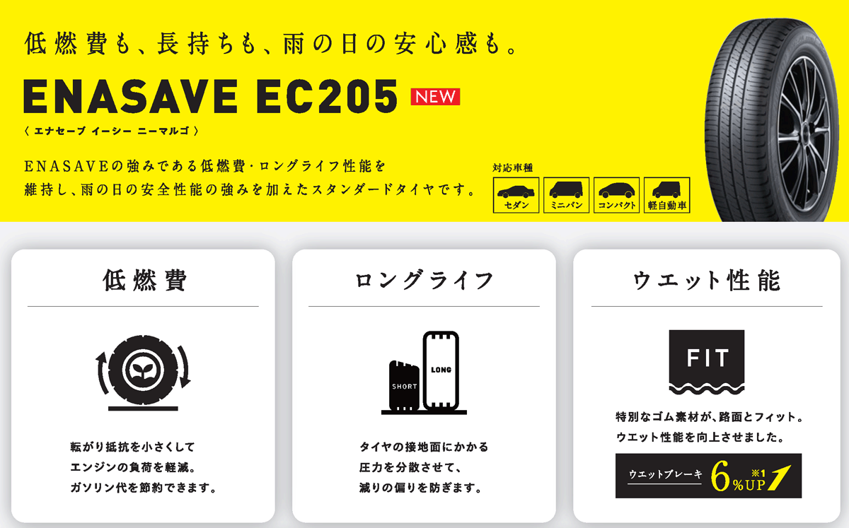【タイヤ交換対象】DUNLOP ENASAVE EC205 165/55R14 72V 【165/55-14】 【新品Tire】 サマータイヤ ダンロップ タイヤ エナセーブ EC205 【個人宅配送OK】