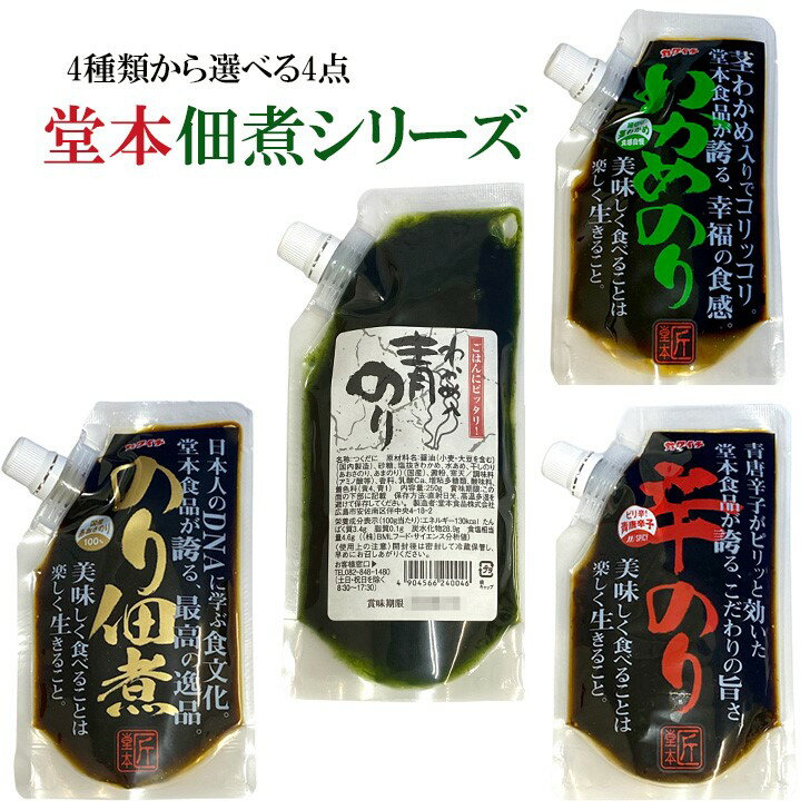 選べる4点 青のりわかめ入り 辛のり わかめのり のり佃煮 堂本食品 わかめ入り青のり 無限ごはん 青唐辛子 茎わかめ 送料無料