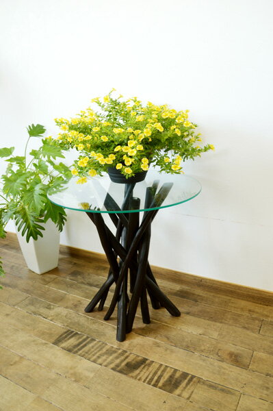 サイドテーブル センターテーブル コーヒーテーブル 丸テーブル 花台 ♪チーク ヴィオラ ガラステーブル(ダークブラウン)♪ アジアン家具 バリ エスニック リゾート インテリア雑貨 デザイン家具 リビング ダイニング