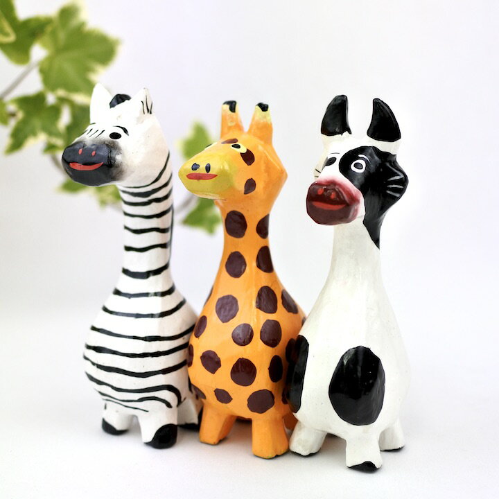 木製動物置物セット（シマウマ, トラ, パンダ, キリン） 木製動物置物