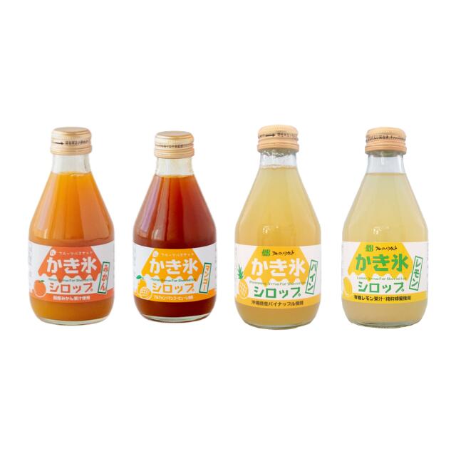 単品を追加したいお方は無添加 かき氷シロップ【1本】からご購入いただけます。 1本180mL かき氷およそ5杯分 国産、地産にこだわった 静岡県 株式会社フルーツバスケットの製品です。 着色料、香料、pH調整剤、保存料、酸味料等の添加物は使用していませんので、お子様にも安心して召し上がっていただけます。 いちご:砂糖（国産）、地元静岡産いちご マンゴー:砂糖（国産）、アルフォンソマンゴーピューレ、レモン果汁 レモン:砂糖（国産）、オーガニックレモン果汁、はちみつ もも:砂糖（国産）、山梨県産桃、レモン果汁 選べるシロップ4本セットもございます。 そのまま氷にかけてお召し上がり下さい。 開封後は必ず冷蔵庫（10℃以下）で保存し、お早めにお召し上がりください。 沈殿物や浮遊物が生じる場合がありますが、果汁のパルプ分等ですので、味、品質には問題ありません。 かき氷のほかに、ヨーグルトやパンケーキ、さまざまなデザートやドリンクにもアレンジしてご活用いただけます。