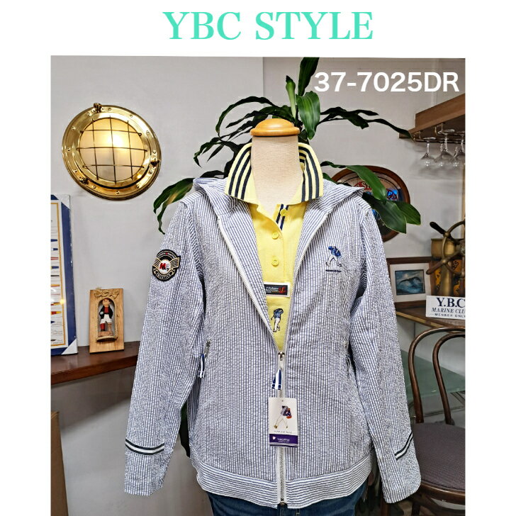 37-7025DRレディース シアサッカー素材のマリンボーイ 胸 & BACK 裾 刺繍入りヨットパーカー夏に向けて..