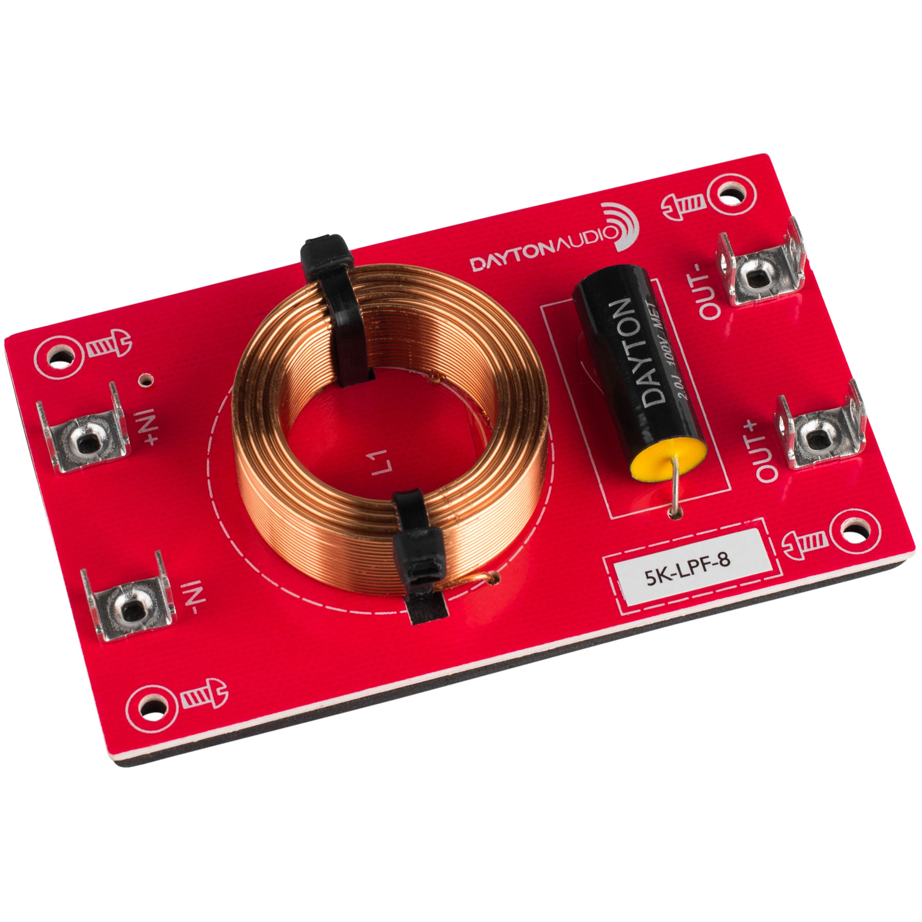 [DLF22]Dayton Audio 5k-LPF-8 ローパス フィルター（5,000 Hz：12 dB/Oct） Dayton Audioの高性能ローパス・フィルター！ 表示価格は「1個」のお値段です。Dayton Audioの高性能ローパス・フィルターは、日本でも人気の高いDayton Audio製のフィルムコンデンサーと、Dayton Audio製のネットワークコイルを使用した、高性能ネットワークボードです。Dayton Audio製の高性能ハイパス・フィルターと組み合わせると、あなたの希望に最適なネットワークが簡単に完成します。【仕様】■周波数：5,000Hz■インピーダンス：8Ω■コンデンサー：2μF■ネットワークコイル：0.51mH ※ 製品の仕様は予告なく変更になる場合があります。 5