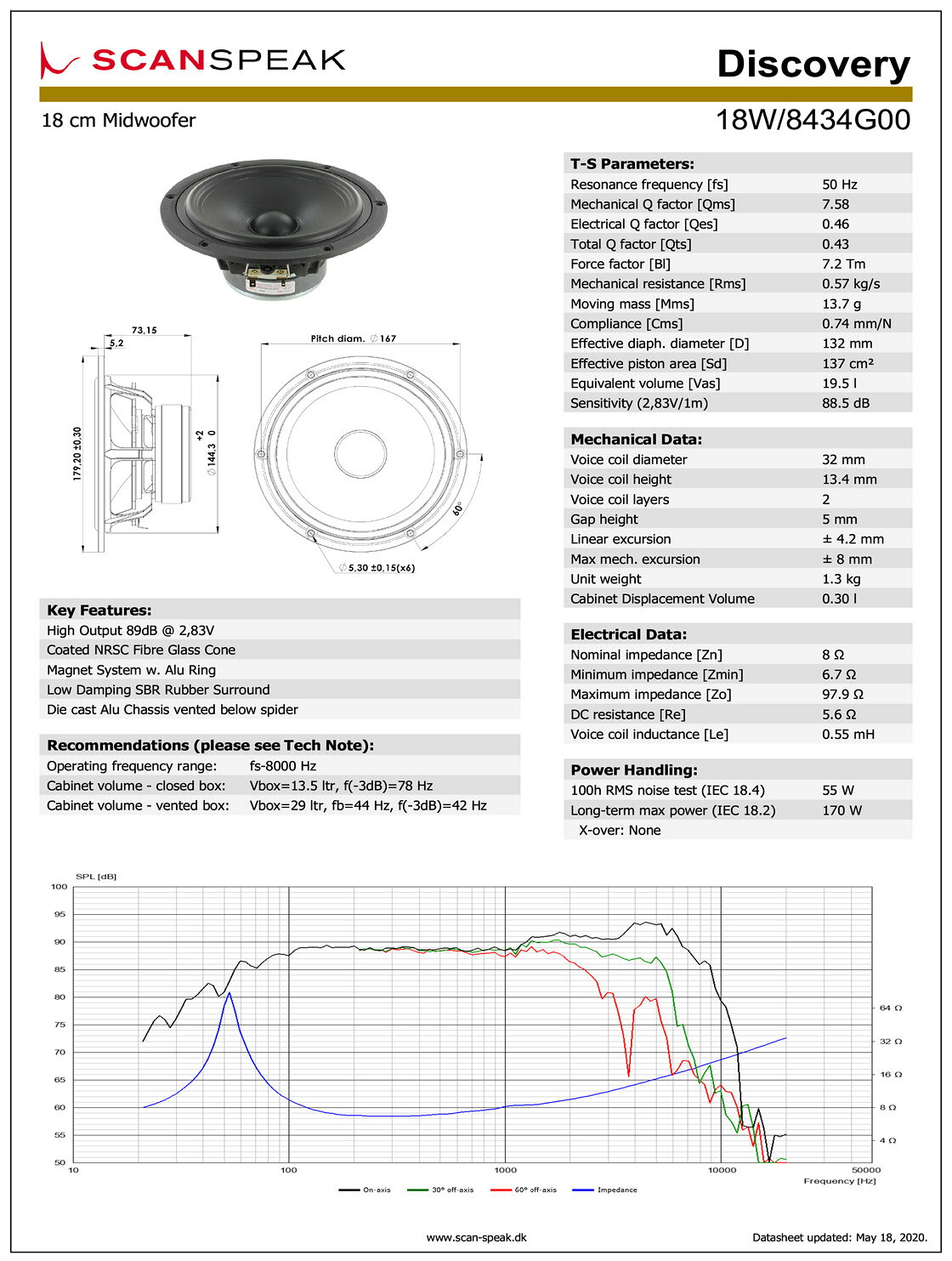 Scan-Speak Discovery 18W/8434G00 ���ԡ�������˥å� 18cm �ߥåɡ������ե�����8���סʥڥ���
