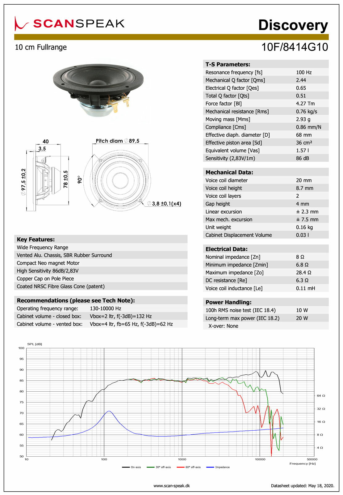 Scan-Speak Discovery 10F/8414G10 ���ԡ�������˥å� 10cm �ե��� 8�� �ʥڥ���